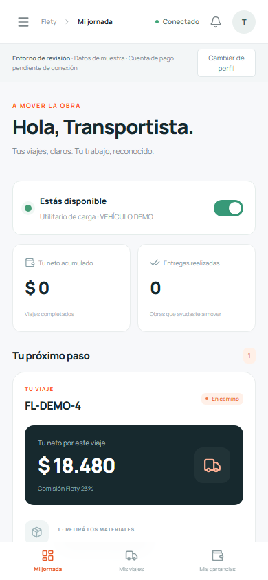 Vista de demostración del espacio fletero de Flety